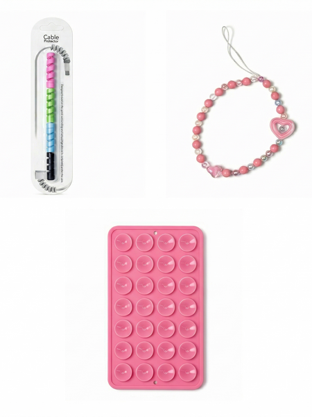 3-in-1 Mobile Accessories Combo – Cable Protector, Beaded Phone Charm Strap, Multi-Suction Phone Holder & Adjustable Phone Stand