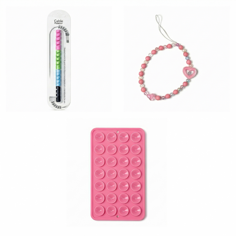 3-in-1 Mobile Accessories Combo – Cable Protector, Beaded Phone Charm Strap, Multi-Suction Phone Holder & Adjustable Phone Stand