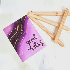 “Good Vibes” – Hand-Painted Abstract Canvas Art (6x8 Inches, Purple & Gold)