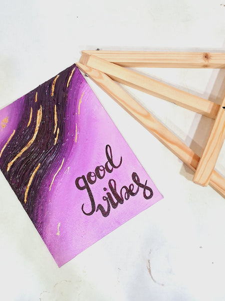 “Good Vibes” – Hand-Painted Abstract Canvas Art (6x8 Inches, Purple & Gold)