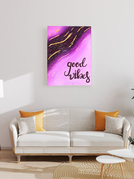 “Good Vibes” – Hand-Painted Abstract Canvas Art (6x8 Inches, Purple & Gold)