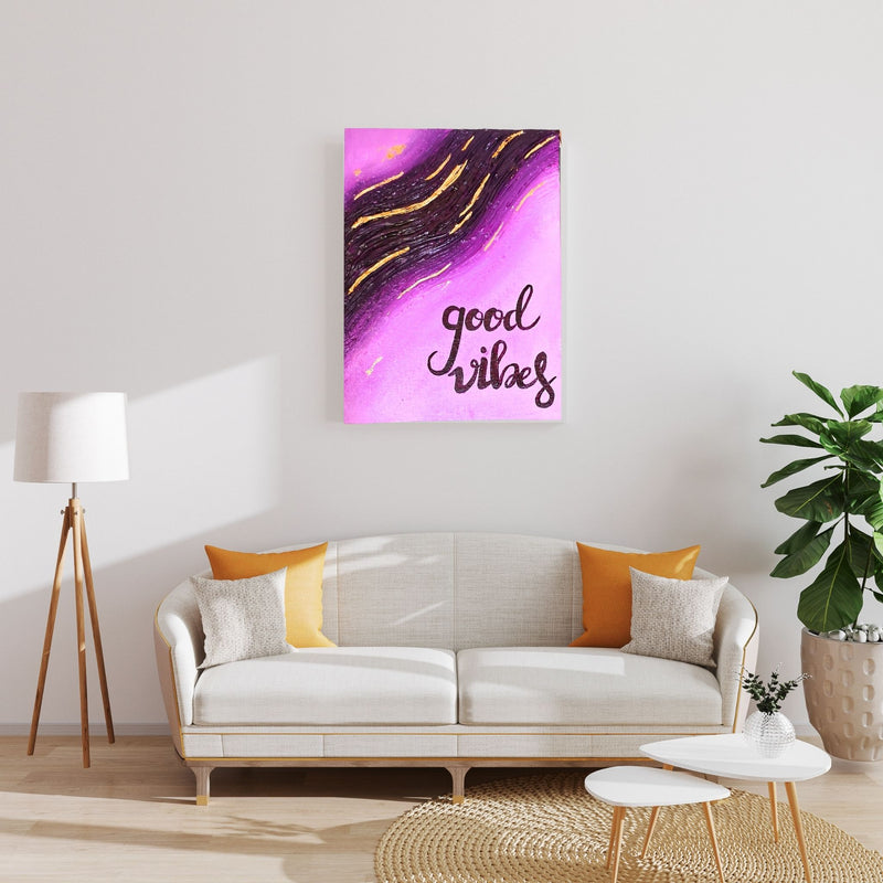 “Good Vibes” – Hand-Painted Abstract Canvas Art (6x8 Inches, Purple & Gold)
